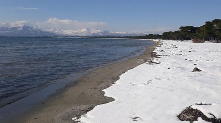 Μαραθώνας: Χιόνι μέχρι τη θάλασσα στην παραλία του Σχινιά! Στα λευκά η αμμουδιά! (φωτό)