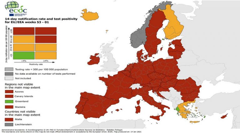 Κορονοϊός: Μόνη «πράσινη» η Ελλάδα στον χάρτη του ECDC