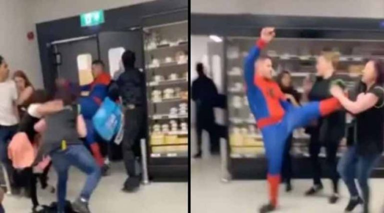 Αδιανόητο ξύλο σε σούπερ μάρκετ: Ντυμένος Spiderman μοίραζε μπουνιές και κλωτσιές (video)