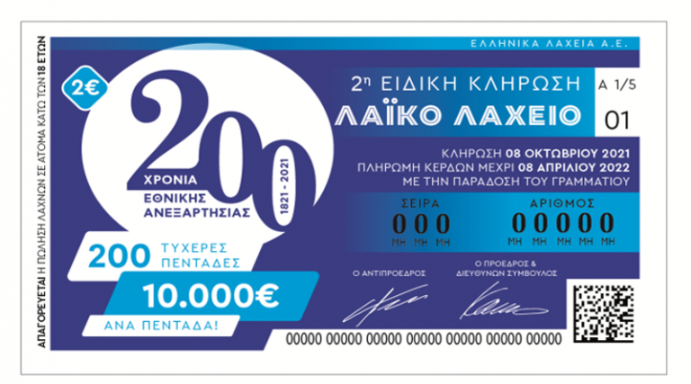 Λαϊκό Λαχείο: Ειδική κλήρωση «200 Χρόνια Εθνικής Ανεξαρτησίας» μοιράζει 10.000 ευρώ σε 200 τυχερούς