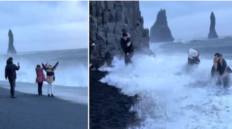 Τουρίστες παραλίγο να παρασυρθούν στη θάλασσα ενώ προσπαθούν να βγάλουν φωτογραφία σε παραλία! (βίντεο)